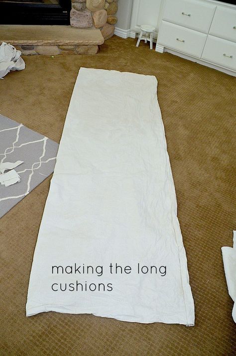 making the long cushions Drop Cloth Couch Cover, Drop Cloth Couch, Denim Slipcover, Drop Cloth Slipcover, Diy Couch Cover, Painters Cloth, Cloth Projects, Drop Cloth Projects, Decorate On A Budget