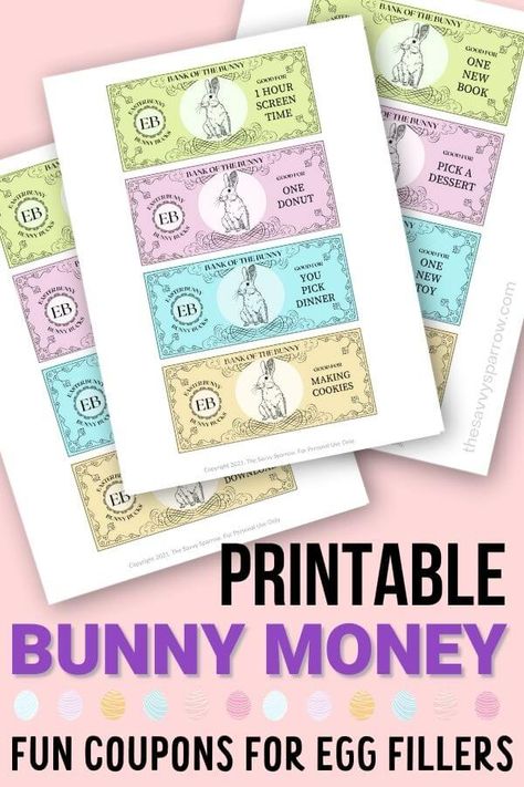 Looking for non candy Easter egg fillers for plastic eggs? These printable Easter coupons, or Bunny Bucks, are SO fun and your kids can redeem them for ice cream, pizza, a new book, or other fun treats. Great Easter Bunny Money for all ages of kids, from toddlers to teenagers! Easter Egg Coupons For Teens, Easter Egg Filler Printables Free, Printable Easter Egg Fillers, Easter Egg Filler Coupons, Bunny Money Printable Free, No Candy Easter Egg Fillers, Easter Egg Tokens Printable, Bunny Bucks Printable Free, Easter Coupons Free Printable