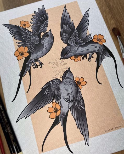 Sketches Traditional, Bird Tattoo Sleeves, Swallow Tattoo Design, Neo Tattoo, Tattoo Bird, Dad Tattoo, Sparrow Tattoo, Traditional Style Tattoo, Swallow Tattoo