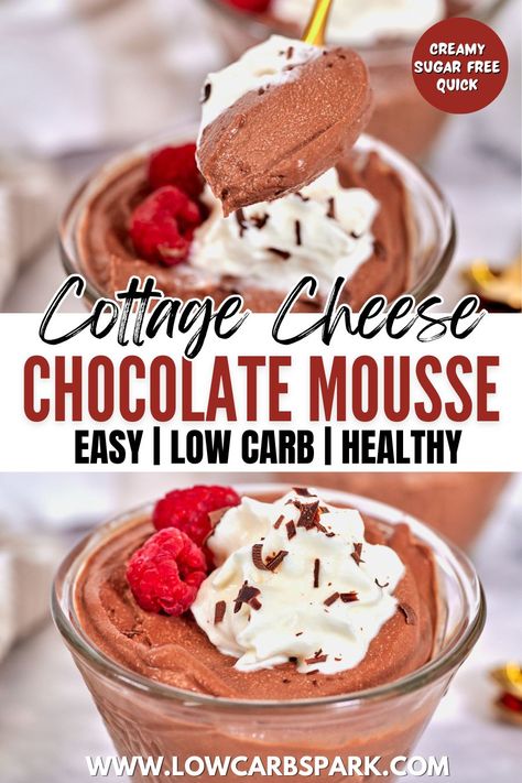 This Cottage Cheese Chocolate Mousse is a delicious rich and creamy dessert that's easy to make with just 5 ingredients. This sugar-free mousse is loaded with protein, comes toether in minutes and perfect for any occasion . Cruise Recipes, Low Carb Chocolate Mousse, Jorge Cruise, Cottage Cheese Desserts, Keto Chocolate Mousse, Dessert Inspiration, Diy Easy Recipes, Keto Diets, Chocolate Mousse Recipe