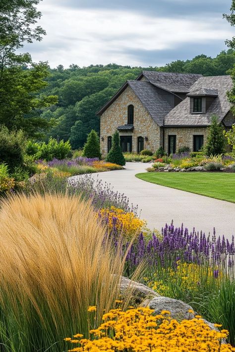 21 Stunning Driveway Landscaping Ideas 2025! 5 Long Driveway Farmhouse, Driveway Ditch Landscaping, Country House Driveway Entrance, Wooded Driveway Landscaping, Flower Driveway, Long Driveway Landscaping Country Roads, Acreage Landscaping Driveway Entrance, Wisconsin Landscaping Ideas, Alpine Landscaping