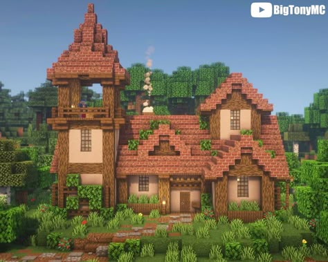 A large fairytale style cottage! : Minecraftbuilds Large Minecraft Houses Cottagecore, Birch House Minecraft, Elven Minecraft, Large Minecraft Houses, Minecraft Empire, Chalet Minecraft, Minecraft Cottage House, Minecraft Brick, Mansion Minecraft