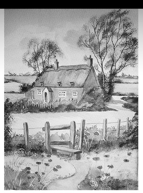 House Pencil Drawing, Village Pencil Sketch, Farm Sketches Pencil, Rural Sketch, Log Cabin Drawing Pencil, Pencil Drawing Techniques, Countryside Coloring Pages, Pencil Sketches Landscape, Pencil Sketches Easy