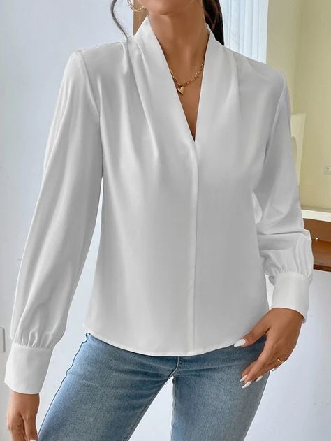 SHEIN Privé Fold Pleated Lantern Sleeve Blouse | SHEIN USA Blouses For Work, V Neck Long Sleeve Top, Ladies Blouses, Pineapple Clothes, Elegant Tops, Winter Work Wear, Number Shirt, Business Casual Outfits For Women, Winter Work