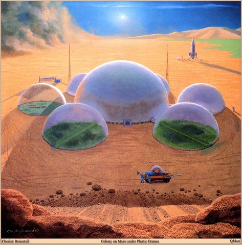 Colony on Mars under plastic domes by Chesley Bonestell Nms Base, Chesley Bonestell, Mars Colonization, Mars Art, Mars Colony, Syd Mead, Space Colony, Mars Exploration, 70s Sci Fi Art