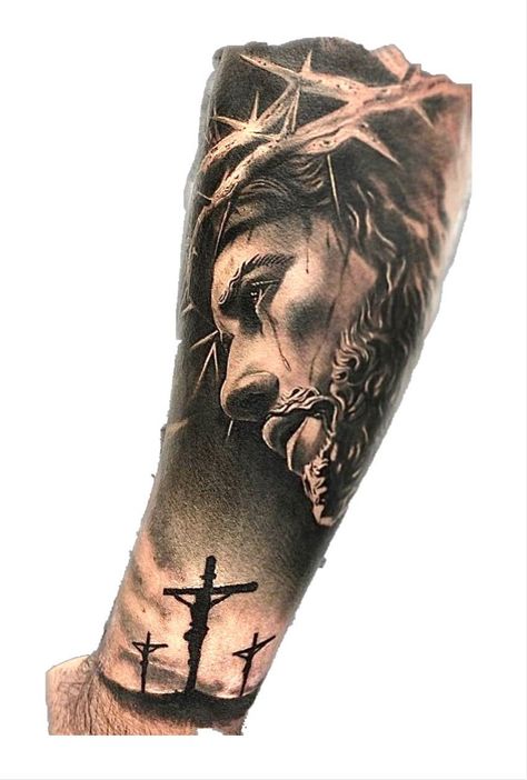 Jesus Tattoo Sleeve Christian Sleeve Tattoo Lion Tattoo Sleeves Men. #TattoosForMen #InkedMen #TattooInspiration #TattooIdeas #TattooDesigns Tattoos For Men Japanese, Tattoos For Men Upper Arm, Tattoos For Men Neck, Quotes Tattoos For Men, Men Hand Tattoos, Christian Tattoos Men, Jesus Tattoo Sleeve, Cross Tattoos For Men, Neck Tattoos For Men