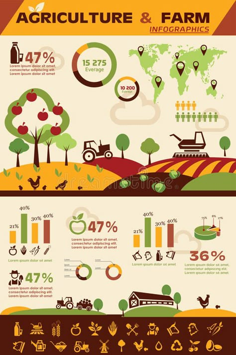 Photo about Agriculture and farming infographics, vector icons collection. Illustration of animal, healthy, barn - 51392315 Agriculture Design, Farming Technology, Precision Agriculture, Infographic Inspiration, Collection Illustration, Graphic Design Infographic, Infographic Poster, Agriculture Education, Agriculture Farming