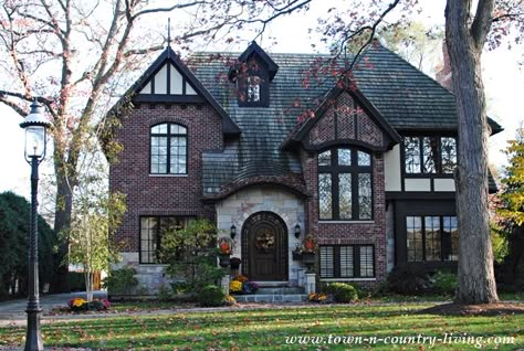 Charming Older Homes in Riverside, Illinois - Town & Country Living Tudor Style Architecture, Gothic Brick House, Dark Tudor Exterior, Dark Brick House, Dark Brick House Exterior, Gothic Tudor House, Tudor Style Homes Interior, Tudor Style Mansion, Brick Entrance