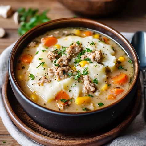 Shepherd’s Pie Soup Recipe - Shepherd's Pie Soup, Shepherds Pie Soup Recipe, Shepherds Pie Soup, Hamburger Potato Soup, Shepards Pie Recipe, Roasted Potato Salads, Vegan Shepherds Pie, Soup With Ground Beef, Shepherds Pie Recipe