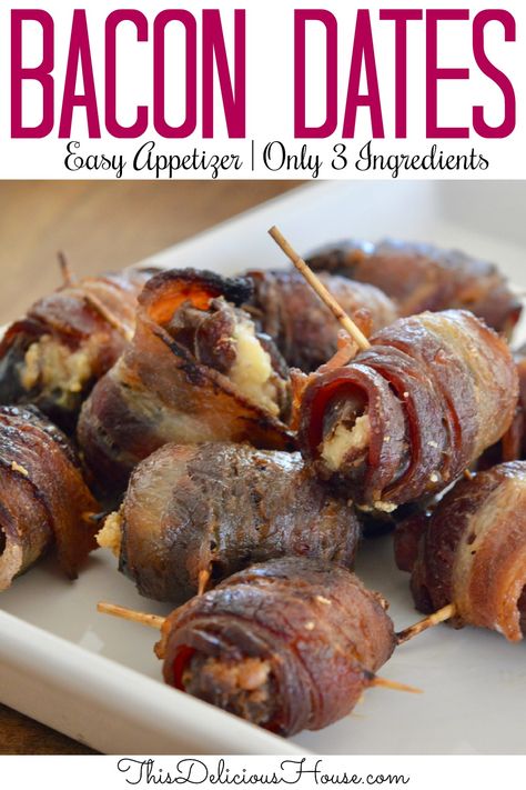 The perfect appetizer Bacon Wrapped Dates are made with just 3 ingredients and are an easy recipe to make ahead. Sweet dates, mixed with salty bacon and creamy cheese makes for the perfect finger food. Secure with a toothpick for easy serving. #baconwrappeddates #appetizerfood Bacon Dates, Bacon Wrapped Appetizers, Bacon Wrapped Dates, Make Ahead Appetizers, Bacon Appetizers, Perfect Appetizers, Bacon Wrapped, Quick Recipes, 3 Ingredients