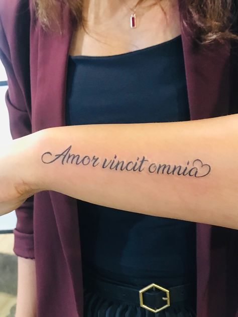 Latin phrase which means “ Love conquers all” Love Conquers All Tattoo Latin, Love Conquers All Tattoo, Learning Latin, Think Tattoo, Art With Meaning, Beautiful Flower Tattoos, Latin Phrases, Love Conquers All, All Tattoos