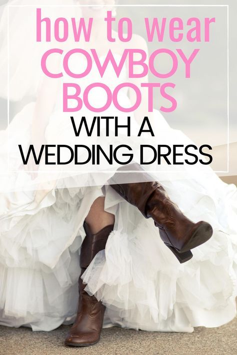 Country wedding dresses with cowboy boots is a cute trend that we're loving right now for country brides and southern brides - really anyone that wants a rustic feel on their wedding day! #weddingdresswithcowboyboots #weddingdresscowgirlboots #rusticweddingtrends #countryweddingdress #countryweddingdresswithboots Wedding Dresses And Cowgirl Boots, Boho Wedding Dress With Cowboy Boots, Boho Rustic Wedding Decor Ideas, Lace Wedding Dress With Cowboy Boots, Country Style Wedding Dresses With Boots, Country Rustic Wedding Dress, Western Style Wedding Dresses Country, Wedding Dress With Cowgirl Boots, Cowgirl Wedding Dress With Boots