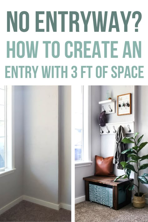 No entryway?? No problem! Learn how to create an entry with only 3 feet of space. This one is in the corner of the living room and is SO cute! Love the DIY wood bench with shoe storage, coat hooks and even a DIY key holder! #smallentry #entryway #foyer #dropzone #organization Drop Off Zone Entryway Small Spaces, Foyer With Living Room Entryway, Entryway Vestibule Ideas, Create A Faux Entryway, How To Create A Fake Entryway, Small Corner Mudroom Ideas Entryway, Creating Entryway In Living Room Entrance, Entryway With No Entryway, Home With No Entryway