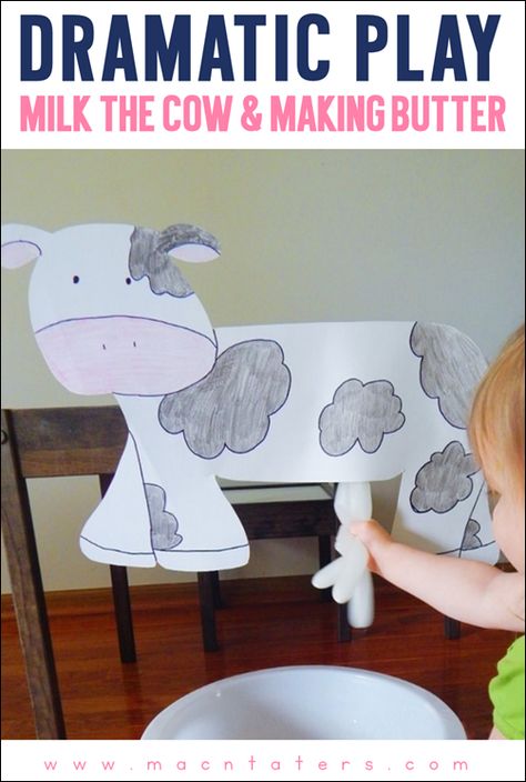 Milk the Cow Dramatic Play Activity for toddlers and preschoolers Farm Animals Games, Preschool Farm, Farm Lessons, Farm Theme Preschool, Milk The Cow, Play Based Learning Activities, Farm Unit, Farm Animals Theme, Farm Preschool