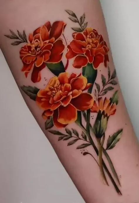 Marigold Tattoos, Marigold Tattoo, Cosmos Tattoo, Flower Tattoo Meanings, Tattoo Meanings, Tattoos For Women Flowers, Floral Tattoo Sleeve, Birth Flower Tattoos, Marigold Flower