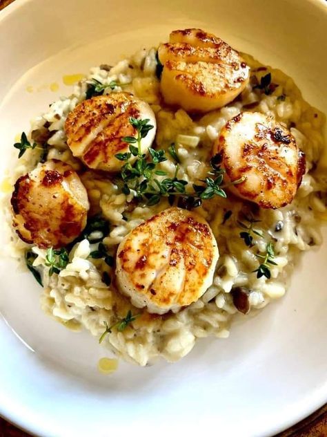 Rissoto Recipes Seafood, Shrimp And Scallop Risotto, Risotto With Seafood, Saffron Seafood Risotto, Parmesan Risotto, Fancy Dinner Recipes, Seafood Risotto, Scallop Recipes, Scallops Seared