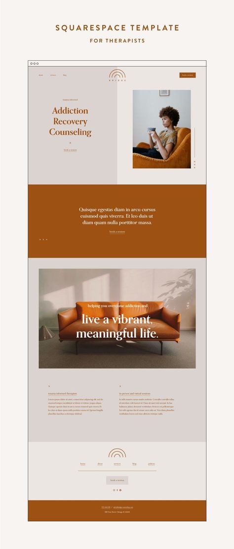 Bridge is a Squarespace 7.1 website, made for therapists in private practice or other service-based businesses. This website features a warm, 1970’s-inspired color palette and a clean, modern design to help your website visitors feel calm and energized at the same time. | HoldSpaceCreative.com #squarespacefortherapists #therapistwebsite #privatepracticewebsite Therapy Website, Unique Website Design, Squarespace Tips, Hold Space, Web Ideas, Squarespace Template, Squarespace Web Design, Seo Basics, Squarespace Design