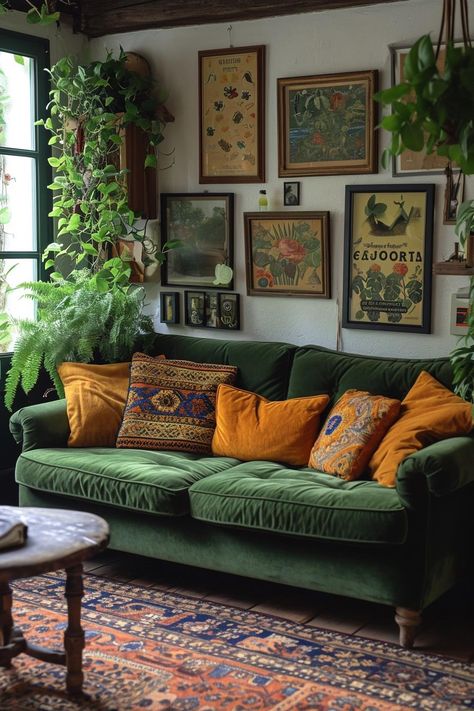 living room aesthetic 70s Living Room, Lots Of Plants, Green Couch, Casa Vintage, Mid Century Modern Living Room, Eclectic Living Room, Style Deco, Boho Design, Apartment Inspiration