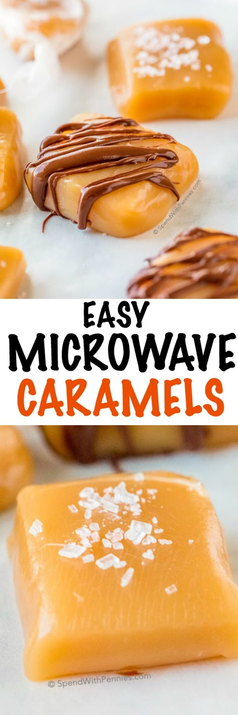 Simple and easy caramels made in the microwave with just one bowl and no candy thermometer!  Sprinkle them with salt, dip or drizzle them with chocolate or wrap them in waxed paper to give as gifts! Easy Caramels, Caramel Recipe Easy, Microwave Caramels, Caramel Recipe, Soft Caramel, Candy Thermometer, Caramel Candy, Caramel Recipes, Homemade Caramel