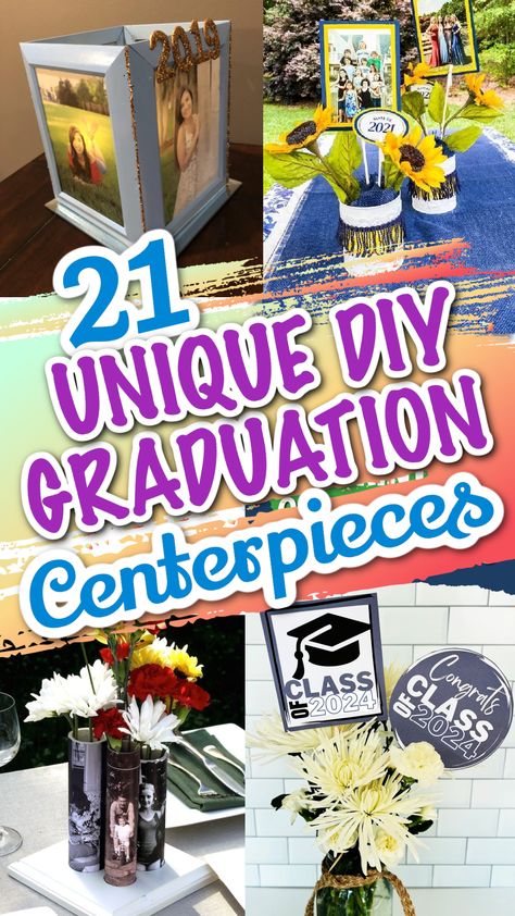 Get ready for an unforgettable graduation party with these DIY Graduation Centerpieces! Add excitement and personal flair to your celebration with creative decorations. Discover more budget friendly ideas to make your graduation party truly special! #gradpartyideas #graduationcenterpieces Graduation Party Table Centerpieces Diy, Sunflower Table Centerpieces Party Ideas, Grad Centerpiece Ideas Easy Diy, Graduation Diy Centerpieces, Centerpieces For Grad Party, Diy Photo Centerpiece Ideas, O The Places You Will Go Graduation, Graduation Table Decorations For Boys, College Graduation Party Decor Table Decorations Centerpiece Ideas