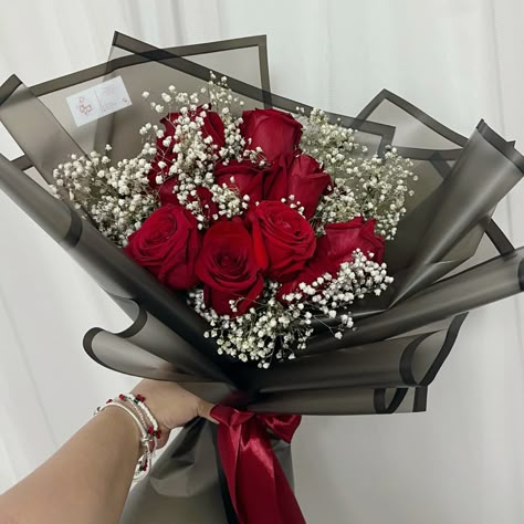 Red White And Black Flower Bouquet, Red Rose Bouquet Black Wrap, Red Rose Bouquet For Prom, Red Rose Bouquet Brown Paper, Red Roses With Black Wrapping, Black Red Bouquet, Red Black And White Bouquet, Red And Black Rose Bouquet, Black And Red Flower Bouquets