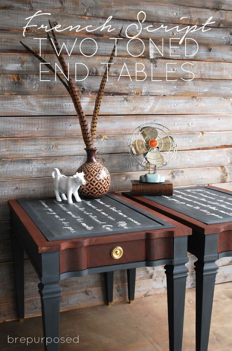 French Script Two Toned End Tables. You have to check out the before & after's on this one - it's fabulous! Furniture Rustic, French Script, Прикроватные Тумбочки, Western Furniture, Furniture Rehab, Table Makeover, Refurbished Furniture, Painted Table, House Furniture