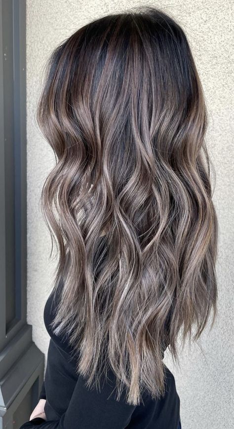 Dark With Ash Blonde Balayage, Dimensional Brunette Ashy Dark, Ashy Burnett, Dark Brown Base With Ash Blonde Balayage, Dark Hair With Blonde Babylights, Dark Brunette Hair With Cool Toned Highlights, Smokey Burnett Hair, Brunette With Ash Blonde Balayage, Dark Brown Hair Ash Balayage