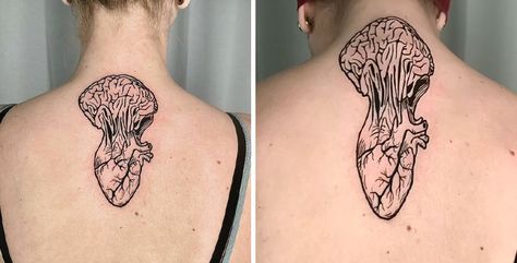 Melted Brain Bat And Fruit Tattoo, Melting Brain Tattoo, Mural Tattoos For Women, Transformative Tattoos, Moving Tattoo Ideas, Transforming Tattoos, Laughs Quotes, Moving On Tattoos, Negative Space Tattoo