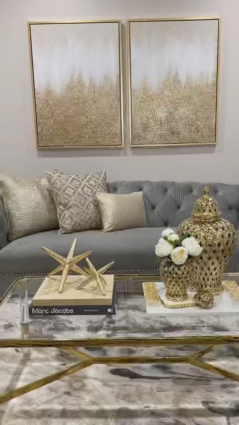 Grey And Cream Decor, Neutral Aesthetic Apartment Living Room, Gold And Silver House Decor, Living Room Silver And Gold, White Gray Gold House Interior, Ivory And Grey Living Room, Grey And Gold Living Room Ideas Modern, Grey Beige Gold Living Room, Silver Gold Living Room