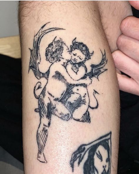 Crow Tattoos Men, Eye Tattoo Elbow, Cocteau Twins Tattoo, Devil Cherub Tattoo, Southern Gothic Tattoo, Sui̇ci̇deboys Tattoos, Devil And Angel Tattoo, Angel And Devil Tattoo, Devil And Angel