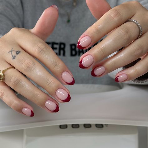 dark red french😍 structured mani on natural nails!! #nails #nailsnailsnails #buildergel #structuredmani #nailtech #nailart #trendynails #utahnails #naildesign #clt #cltnails #concordnails #concord #kannapolis #kannapolisnails #naturalnails Cherry Red French Tip, Cherry Red French Tip Nails, Cherry French Tip Nails, Red French Tip Nails, Red French Tip, Red French, Tip Nails, French Tip Nails, Cherry Red