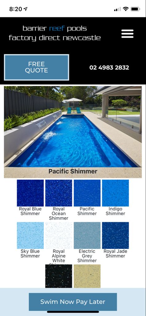 Pebble Tech Pool Colors Tropics Blue, Barrier Reef Pools, Marino Blue Pool Liner, Gli Grey Opal Pool Liner, Wet Edge Cadet Blue Pool, Pool Colors, Backyard Pool Landscaping, Pool Landscaping, Billabong