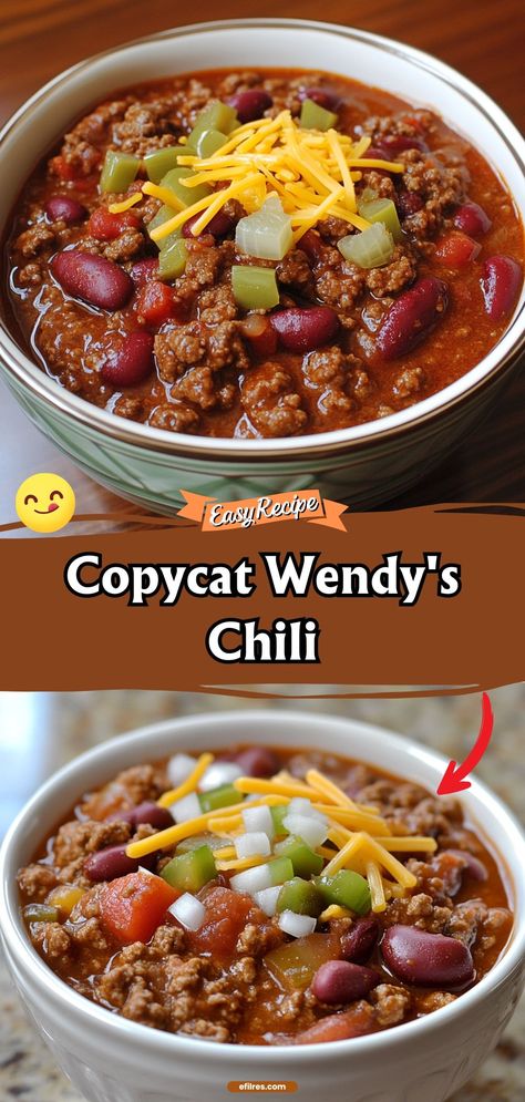 Bring the flavor of Wendy's into your kitchen with this Copycat Wendy's Chili recipe. It’s rich, hearty, and filled with beans, beef, and a blend of spices that will warm you up from the inside out. Perfect for chilly evenings or as a satisfying meal. #ChiliRecipe #CopycatWendys #HeartyMeal Wendy’s Chili Recipe Copycat, Taste Of Home Wendy’s Chili, Wendys Chili Copycat, Wendy’s Chili, Chili Magic Recipe, Wendy Chili, Wendy's Chili Recipe Copycat, Ww Chili, Ultimate Chili Recipe