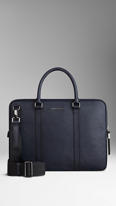 Burberry Navy London Leather Crossbody Briefcase - London leather briefcase with rolled leather handles and detachable webbed canvas crossbody strap.  Ziparound closure with oversize zip pulls, polished metal hardware.  Discover men's tailoring at Burberry.com Black Briefcase, Leather Briefcase Men, Briefcase For Men, Burberry Handbags, Business Bag, Burberry London, Leather Briefcase, Leather Items, Leather Accessories