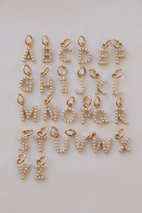 THESE ARE PREORDER, WILL SHIP BY CHRISTMAS Individual pearl initial charms. Ring will slide over chain. Gold plate/brass Bachelorette Party Dress, Maxi Dress Wedding, Chain Gold, Silver Dress, Initial Charm, 14kt Gold, Jewelry Gift Box, Cable Chain, Black Tie