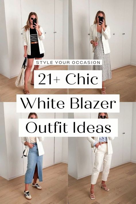 Wondering how to style a white blazer for the perfect chic spring 2024 outfits? We’re sharing 17+ classy and casual white blazer outfits for women for spring and summer. This wardrobe basic is spring capsule wardrobe staple, and we’re sharing the best white blazer outfit ideas for work, casual, dressy, and every day. Spring fits, spring summer fashion White Blazer Black Pants Outfit Classy, White Blazer With Jeans Outfit, White Linen Blazer Outfit Women, White Blazer Outfit Casual, White Blazer Outfit Work, White Blazer Work, Linen Blazer Outfit Women, How To Wear A White Blazer, Cream Blazer Outfit