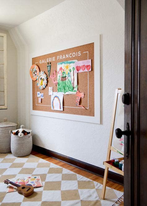 Cute Cork Board Ideas, Cute Cork Board, Diy Kids Art Display, Kids Art Display Wall, Cork Board Ideas, Stencil Rug, Large Cork Board, Kids Art Display, Ruler Crafts