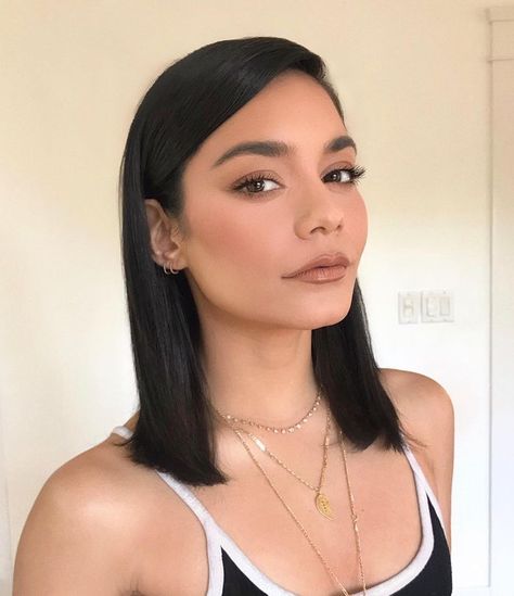 These 26 Celebs Have the Best Lob Hairstyles | Who What Wear UK Vanessa Hudgens, Black Hair, A Woman, Necklaces, Makeup, Hair, Gold, Instagram, Black