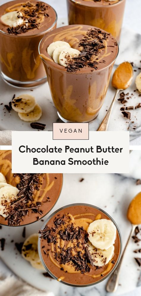 Deliciously creamy chocolate peanut butter banana smoothie that seriously tastes like a Wendy's frosty! This healthy chocolate banana smoothie recipe is made with just five ingredients and is easy to customize with your favorite nutritional boosters. The perfect breakfast, snack or even dessert! #smoothie #banana #peanutbutter #veganrecipe #veganbreakfast #dairyfree #healthybreakfast #healthysnack Chocolate Peanut Butter Banana Smoothie, Wendy's Frosty, Smoothie Banana, Healthy Chocolate Banana, Chocolate Banana Smoothie, Chocolate Peanut Butter Smoothie, Peanut Butter Banana Smoothie, Banana Drinks, Smoothie King