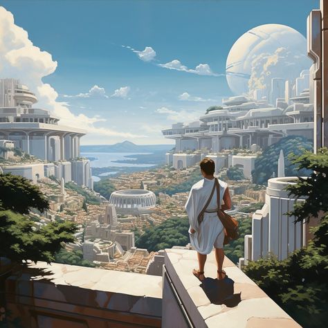 Greek Inspired Fantasy City, Futuristic Fantasy Art, Futuristic Ancient Greece, Fantasy Places City, Greek Fantasy Art, Futuristic City Utopia, Utopia City, Greek Cities, City Concept Art