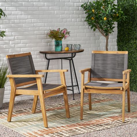 PRICES MAY VARY. 🌟【Style and Design】The transitional style of these chairs combines classic and modern elements to create a timeless look that will complement any outdoor decor. The eye-catching cross-weaving ropes paired with the sleek acacia wood frame give the chairs a unique and exotic appearance. The black quick-drying rope frame adds a modern touch to the overall design. 🌟【Comfort】The weather-resistant polyester strings used for the backrest and seat provide both comfort and breathabilit Wood Patio Chairs, Small Porch, 3 Piece Bistro Set, Rope Weave, Wood Patio, Noble House, Wood Dining Chairs, Bistro Set, Wood Frames