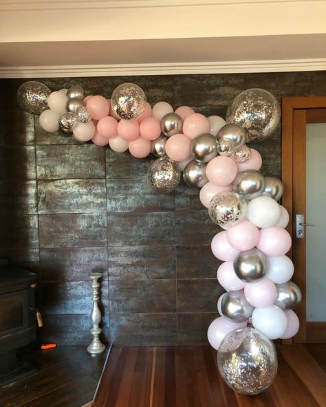 Pink Silver Balloon Garland, Silver And Pink Birthday Decorations, Light Pink Birthday, Pink Birthday Decorations, Silver Party Decorations, Balloons Galore, Pink Party Decorations, Ideas Cumpleaños, Silver Balloon