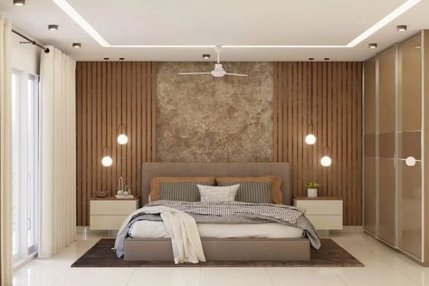 Guest Bedroom With Wooden Panels Floor To Ceiling Headboard Ideas, Brown Bed Headboard, Brown Bedroom Walls, White Bedside Tables, Brown Accent Wall, Wood Walls Bedroom, Grey Upholstered Bed, Modern Guest Bedroom, Guest Bedroom Ideas