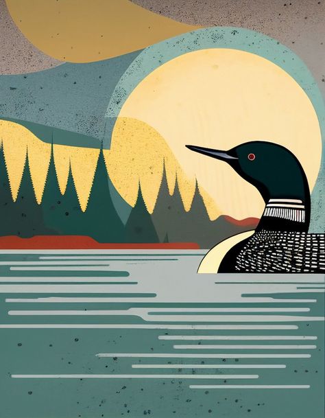 Vintage Loon Print Nature Art Lake House Prints Minnesota Poster Loon Art Minnesota Print Great Outdoors Loon Painting - Etsy Loon Painting Acrylic, Lake Painting Easy, Family Airbnb, Loon Print, Loon Painting, Seasonal Paintings, Loon Art, Minnesota Poster, Lake Illustration