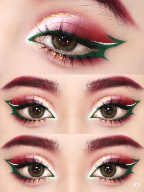 Red And Green Eye Makeup, Green And Red Makeup, Red And Green Eyeshadow, Red And Green Makeup, Holiday Eye Makeup, Xmas Makeup, Christmas Eye Makeup, Anime Eye Makeup, Makeup Drawing