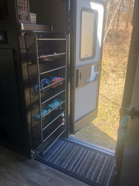 Camper Home Storage Ideas, Shoe Storage Rv Travel Trailers, Camper Hacks For Shoes, Shoe Storage For Camper, Caravan Shoe Storage, Camper Shoe Storage Ideas, Rv Clothing Storage Ideas, Camper Clothes Storage Ideas, Camper Shoe Storage