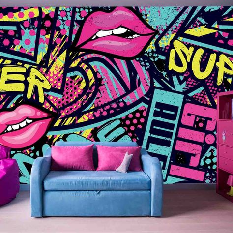 This graffiti has so much awesomeness going on! What girl wouldn't love to have this as their wallpaper?! Brightly colored and sure to add that unique touch to your teens room! This can be customized to fit your needs. Please message for custom sizes if you do not see the size you need. Indoor Graffiti Wall, Grafitti Bedroom Ideas, Maximalist Office Design, Bedroom Graffiti Wall, Graffiti Murals Bedroom, Graffiti Room Aesthetic, Teen Room Wallpaper, Wall Graffiti Ideas, Graffiti Room Ideas