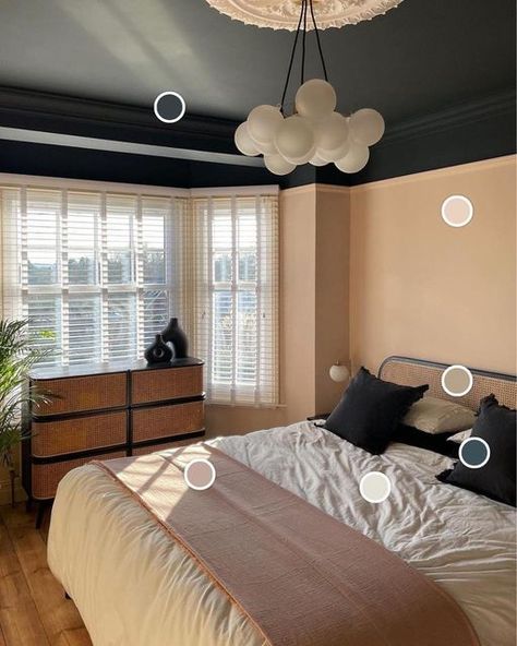 Lick on Instagram: "A contemporary, cosy bedroom using warm but dusty shades of pink, paired with bold black (hello, painted ceiling) and dark blue accents, bringing in earthy neutrals through the furnishings to balance and soften the space. Swipe to see the room-inspired colour palette created using our Lick Colours tool for Pinterest - try it out via the link in our bio or head to lick.com/colours. Beautiful bedroom makeover by @megovation using our new grey-based #Black04 on the ceiling p Colored Ceiling Bedroom, Blue Ceiling Bedroom, Neutral Bedroom Paint, Pink Bedroom Accessories, Warm Bedroom Colors, Earthy Neutrals, Blue Ceilings, Bedroom Colour Palette, Cosy Bedroom