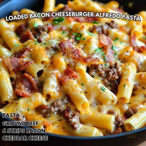 🍔🥓🧀 Loaded Bacon Cheeseburger Alfredo Pasta - A delicious fusion of flavors in one satisfying dish! Ingredients: - 8 oz pasta - 1 lb ground beef - 6 strips bacon (cooked and crumbled) - 1 cup shredded cheddar cheese - 1 cup Alfredo sauce - 1/2 cup diced onions - 1/2 cup diced tomatoes - Salt and pepper Instructions: 1. Cook pasta according to package instructions. 2. In a skillet, brown ground beef with onions, season with salt and pepper. 3. Drain excess fat, add cooked bacon, tomatoes, and ... Crumbled Bacon Recipes, Ground Beef Alfredo Pasta Recipes, Beechers Cheese Recipes, Bacon Cheeseburger Alfredo, Loaded Cheeseburger Alfredo Pasta, Ground Beef Alfredo Pasta, Loaded Bacon Cheeseburger Alfredo Pasta, Loaded Bacon Cheeseburger Alfredo, Bacon Cheeseburger Alfredo Pasta