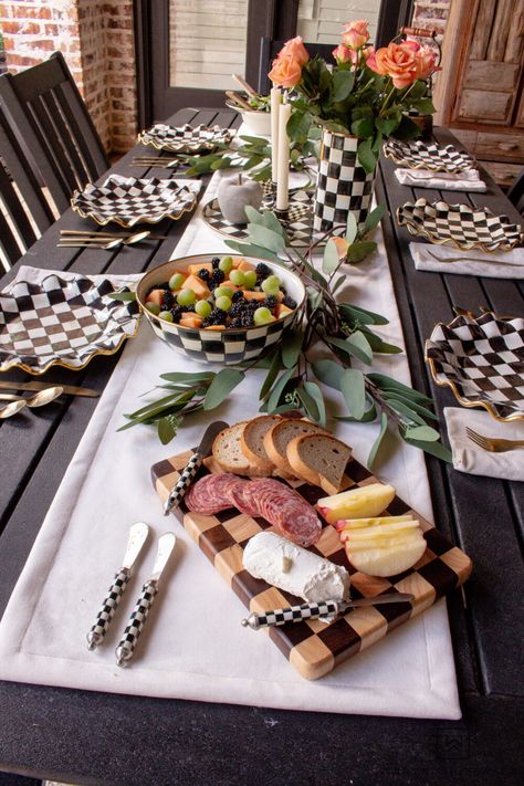 MacKenzie-Childs Outdoor Dining Tablescape - Taryn Whiteaker Designs Mackenzie Childs Bridal Shower Theme, Checkered Room, Mackenzie Childs Decor, Outdoor Dining Decor, Dining Tablescape, Fresh Appetizers, Diy Outdoor Projects, Moose Decor, Modern Outdoor Dining